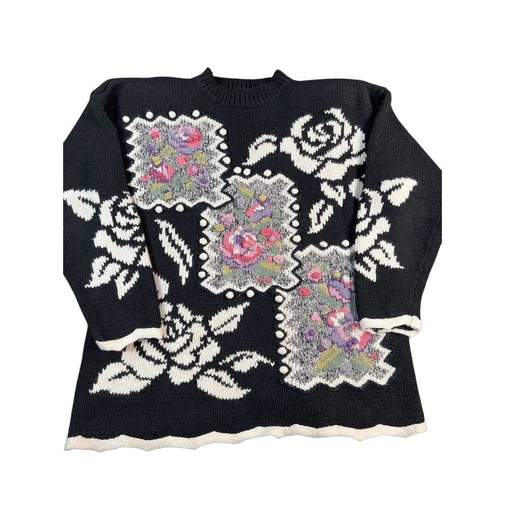 Vtg 90s Grandma Sweater L Black Floral Ramie Cotton Textured Patchwork Cottage
